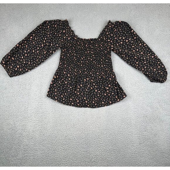 Madewell Smocked Peplum Floral AOP Blouse Black Size 0 Stretch Peasant Spring - Picture 1 of 12